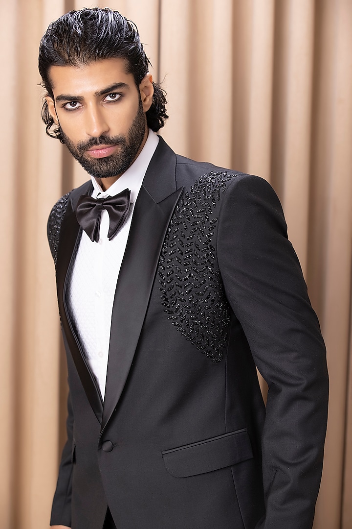 Black Hand Embroidered Tuxedo Set by Ankit V Kapoor at Pernia's Pop Up Shop