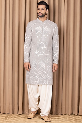Steel Grey Embroidered Kurta Set by Ankit V Kapoor