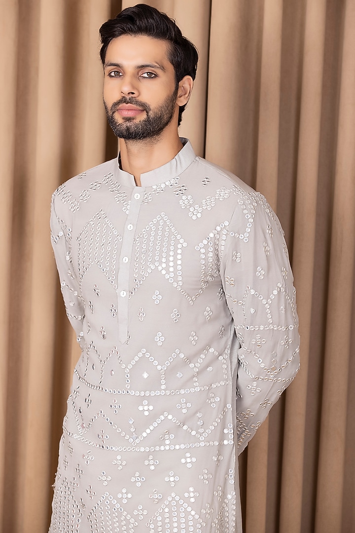 Steel Grey Embroidered Kurta Set by Ankit V Kapoor at Pernia's Pop Up Shop