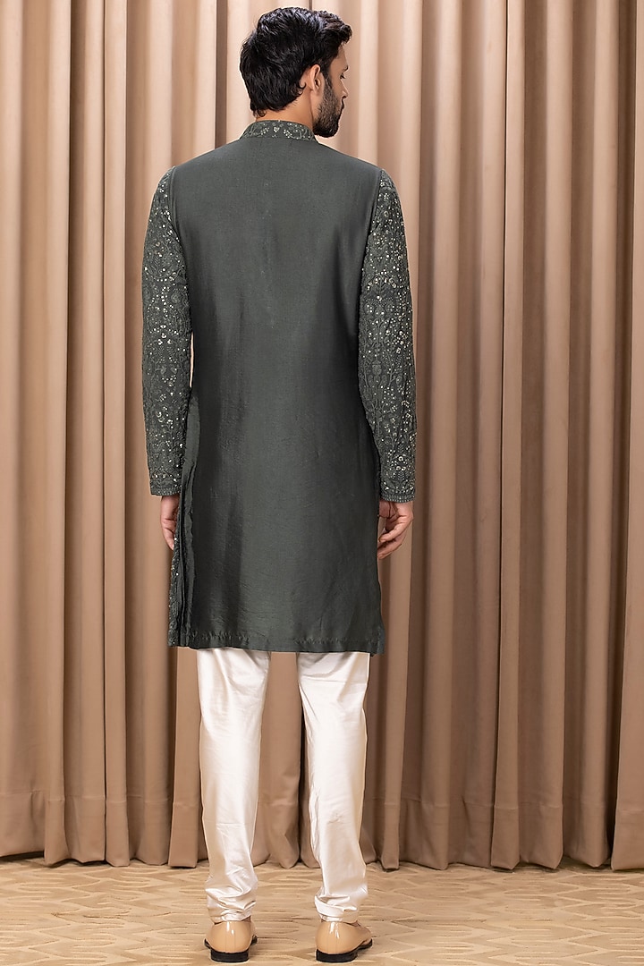 Olive Green Cotton Silk & Pure Georgette Machine Embroidered Kurta Set by Ankit V Kapoor at Pernia's Pop Up Shop
