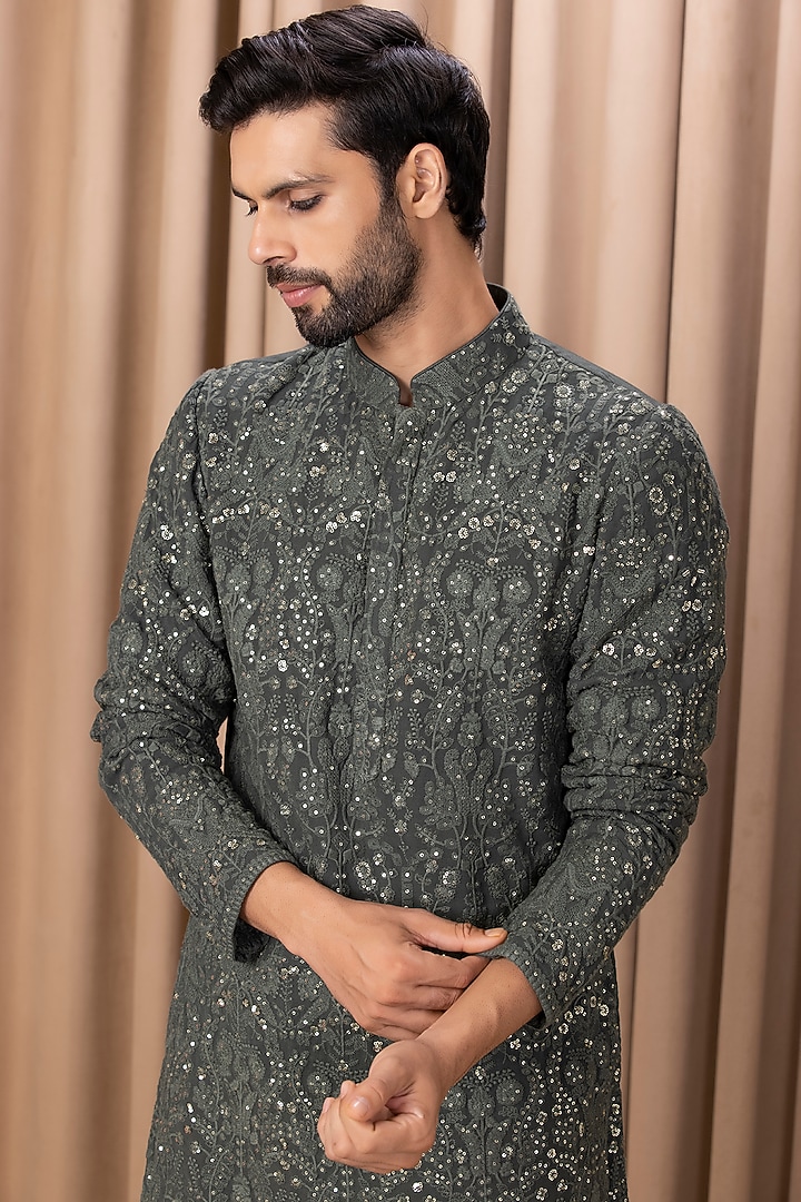 Olive Green Cotton Silk & Pure Georgette Machine Embroidered Kurta Set by Ankit V Kapoor at Pernia's Pop Up Shop