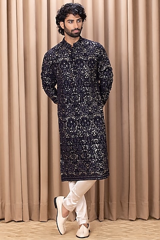 Navy Blue Embroidered Kurta Set by Ankit V Kapoor