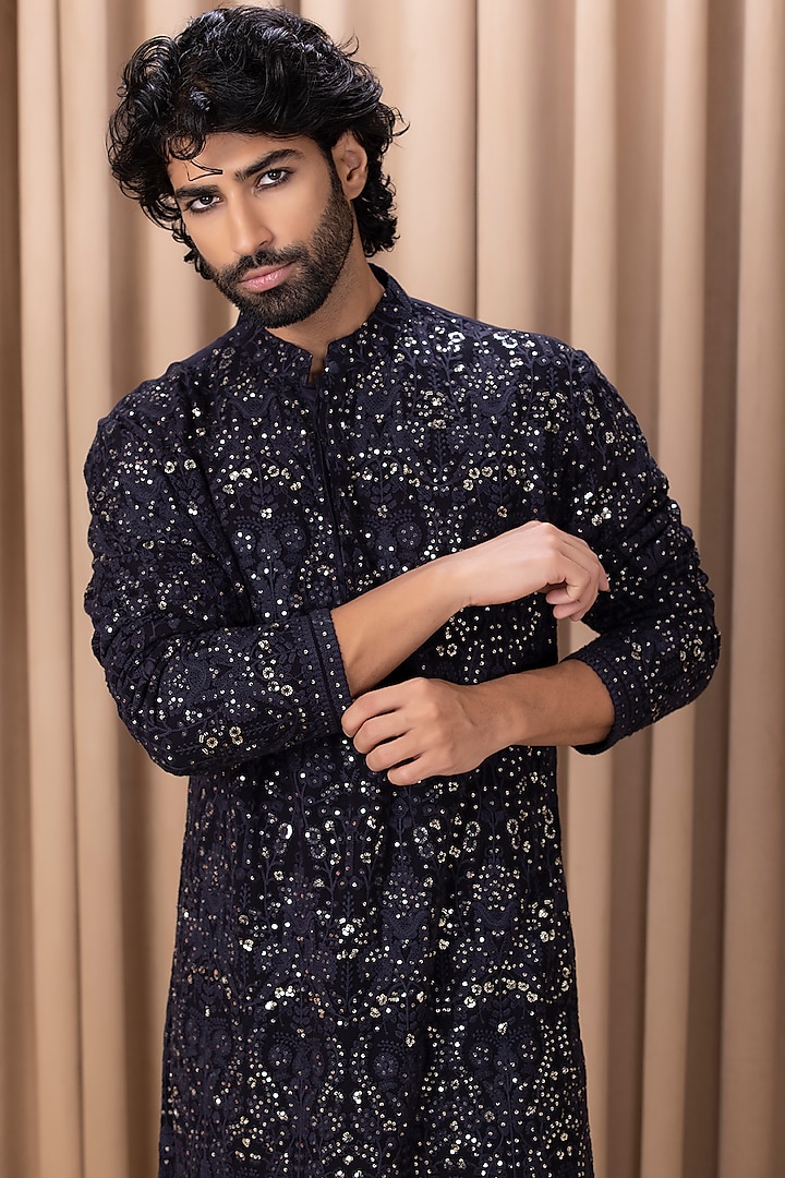 Navy Blue Embroidered Kurta Set by Ankit V Kapoor at Pernia's Pop Up Shop