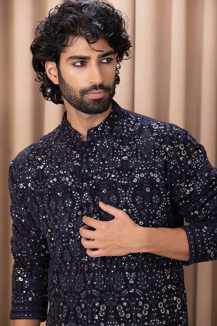 Navy Blue Embroidered Kurta Set by Ankit V Kapoor at Pernia's Pop Up Shop