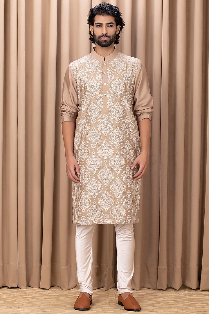 Mouse Brown Embroidered Kurta Set by Ankit V Kapoor