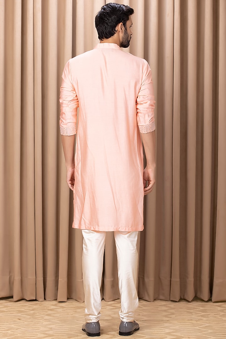 Peach Cotton Silk Machine Embroidered Kurta Set by Ankit V Kapoor at Pernia's Pop Up Shop