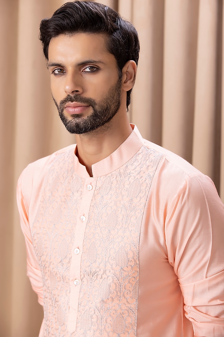 Peach Cotton Silk Machine Embroidered Kurta Set by Ankit V Kapoor at Pernia's Pop Up Shop