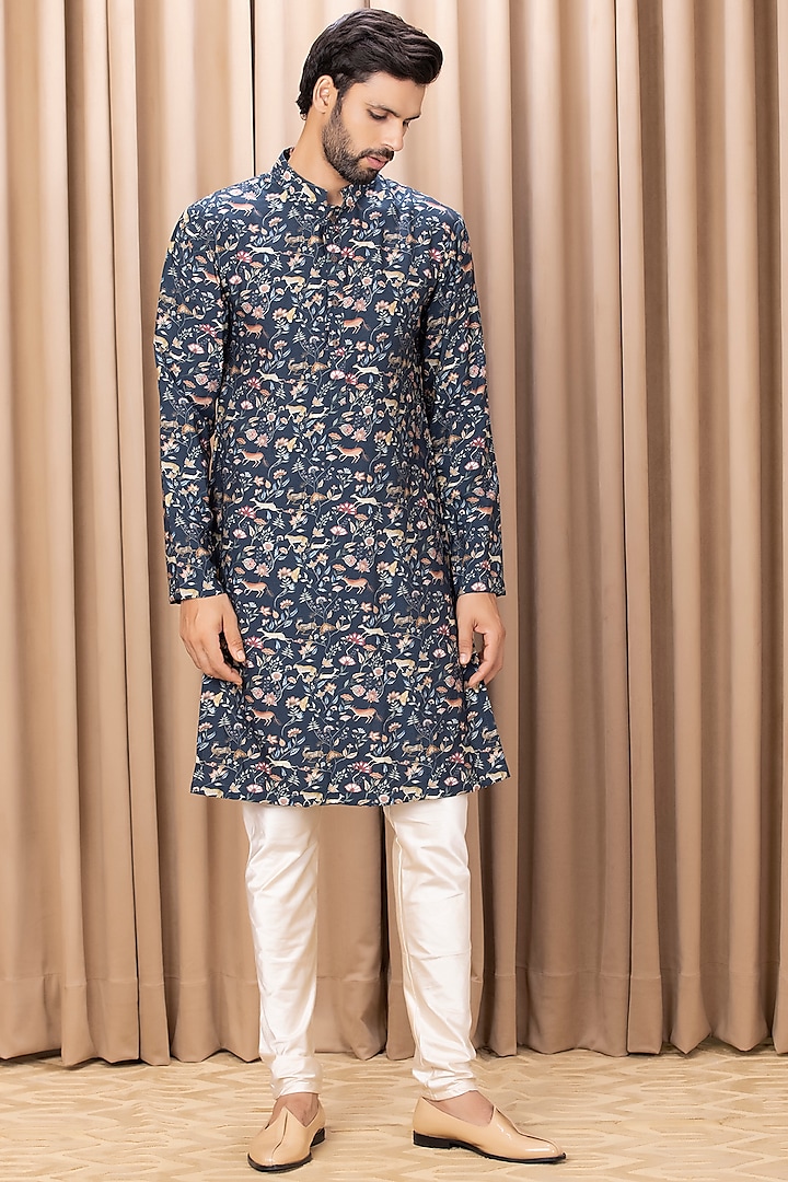 Navy Blue Printed Kurta Set by Ankit V Kapoor