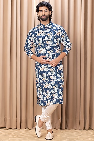Navy Blue Digital Printed Kurta Set by Ankit V Kapoor