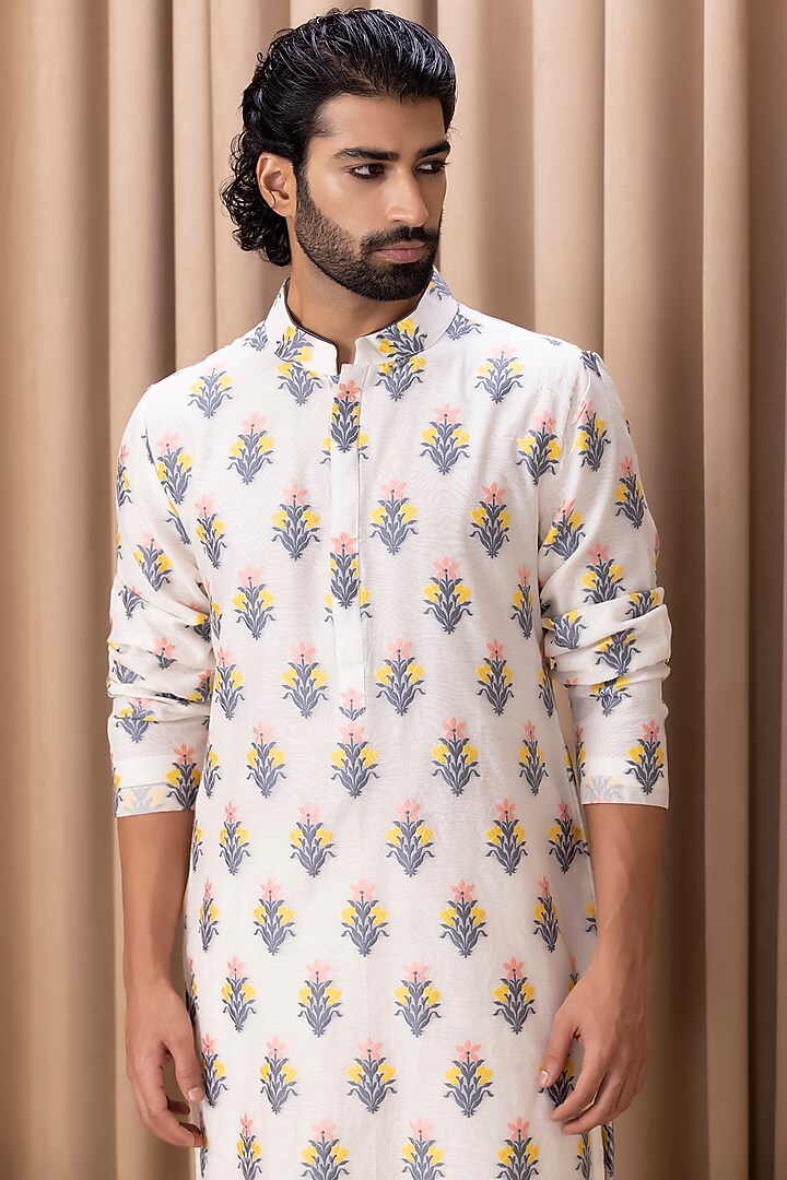 Ivory Cotton Silk Motif Phulkari Embroidered Kurta Set by Ankit V Kapoor at Pernia's Pop Up Shop