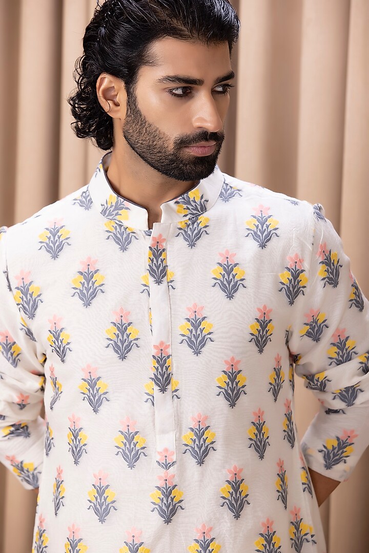 Ivory Cotton Silk Motif Phulkari Embroidered Kurta Set by Ankit V Kapoor at Pernia's Pop Up Shop