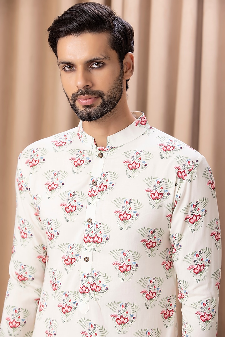 Ivory Cotton Silk Hand-Painted Digital Printed Kurta Set by Ankit V Kapoor at Pernia's Pop Up Shop