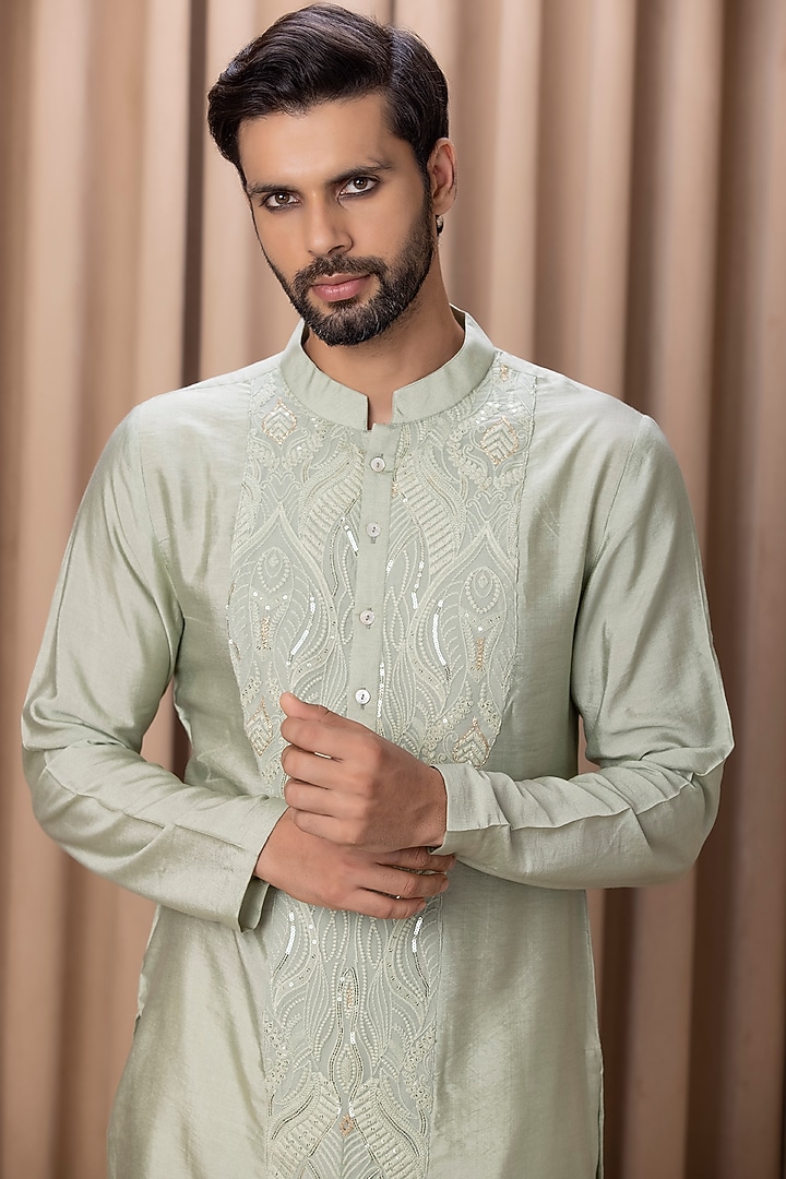 Mint Green Machine Embroidered Kurta Set by Ankit V Kapoor at Pernia's Pop Up Shop