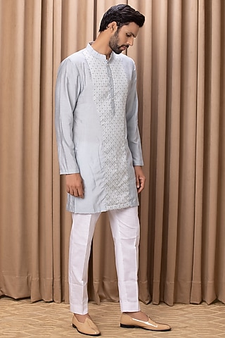 Steel Blue Cotton Silk Kurta Set by Ankit V Kapoor