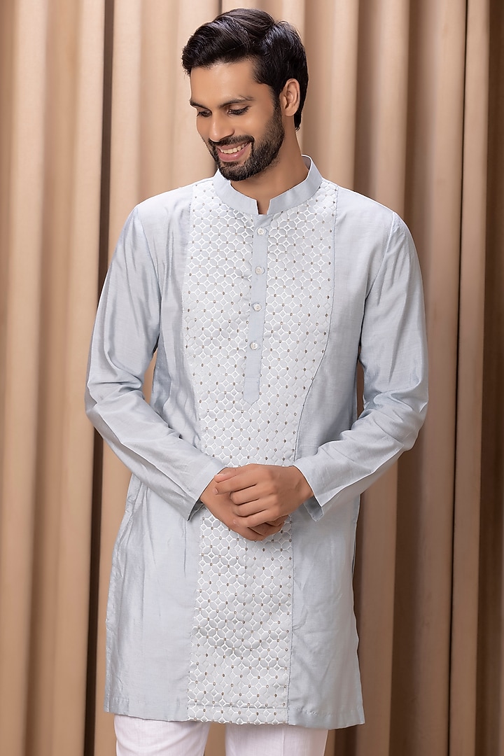 Steel Blue Cotton Silk Kurta Set by Ankit V Kapoor at Pernia's Pop Up Shop