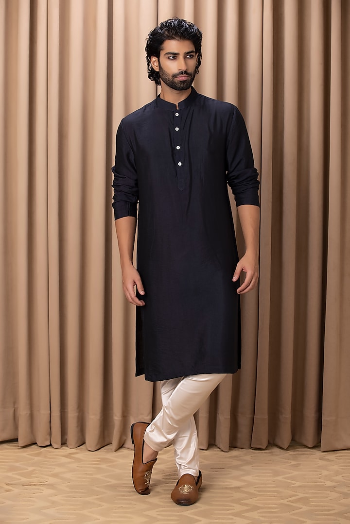 Navy Blue Cotton Silk Kurta Set by Ankit V Kapoor