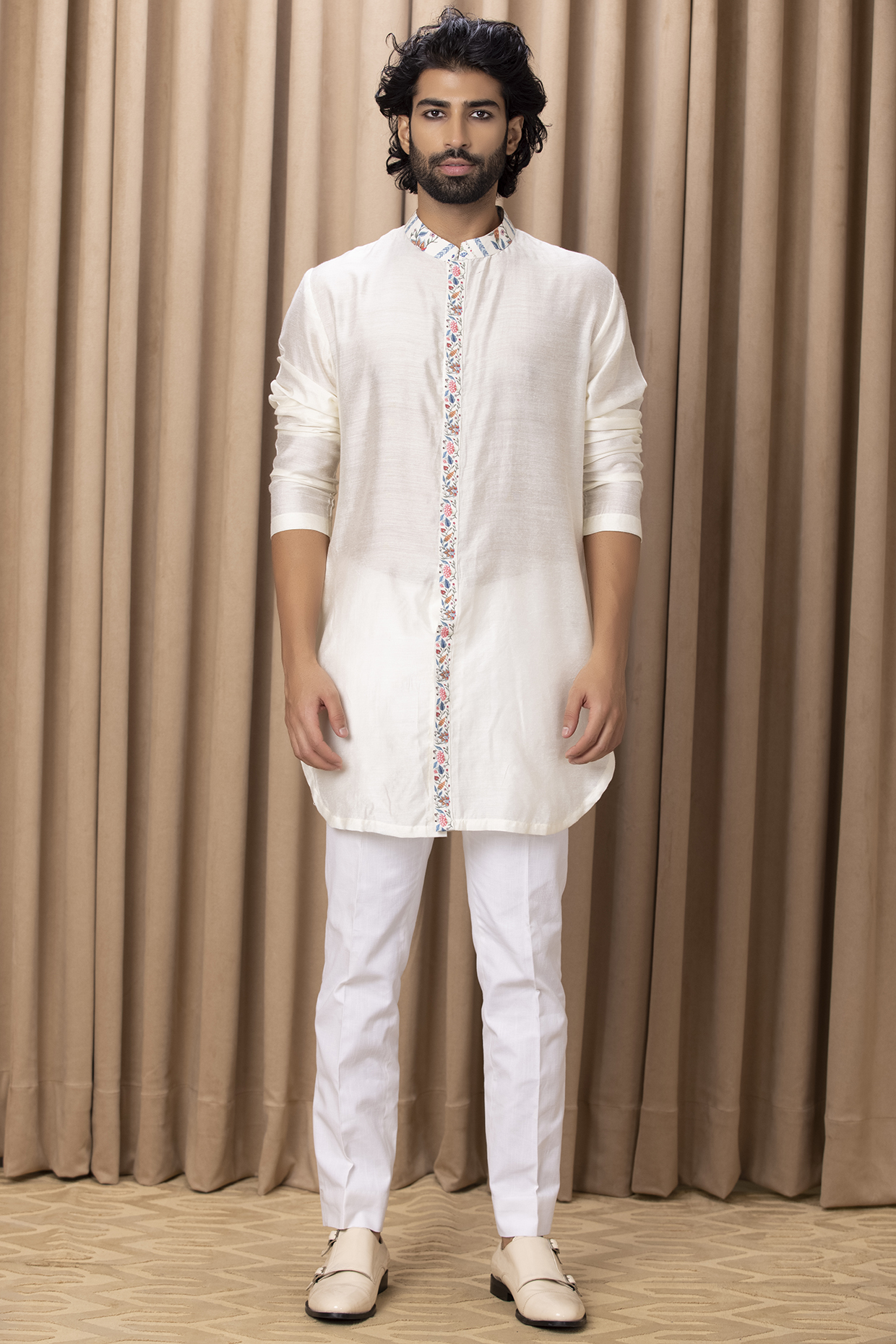 Ivory Cotton Silk Printed Kurta Set by Ankit V Kapoor