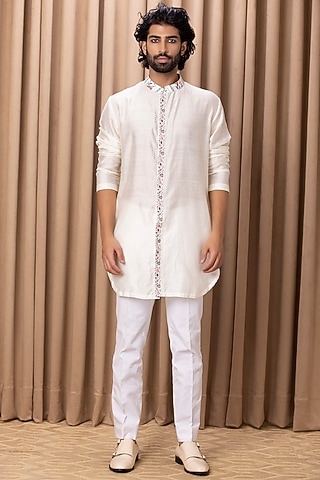 Ivory Cotton Silk Hand-Painted Digital Printed Kurta Set by ankit v kapoor