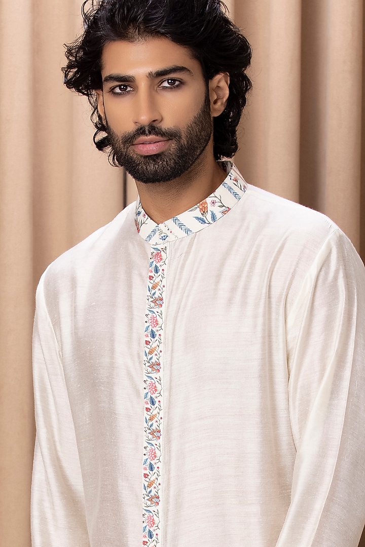 Ivory Cotton Silk Hand-Painted Digital Printed Kurta Set by Ankit V Kapoor at Pernia's Pop Up Shop