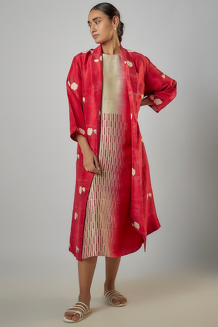Red Dupion Silk Block Printed Wrap Jacket by Avni Bhuva
