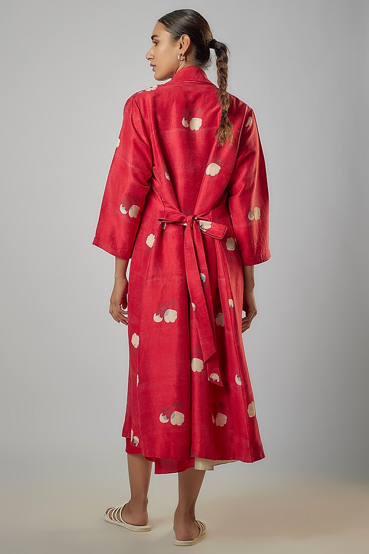 Red Dupion Silk Block Printed Wrap Jacket by Avni Bhuva at Pernia's Pop Up Shop