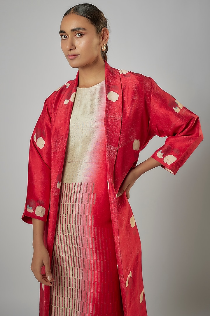 Red Dupion Silk Block Printed Wrap Jacket by Avni Bhuva at Pernia's Pop Up Shop