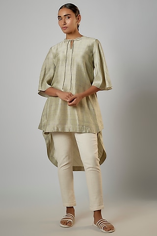 Ivory Dupion Silk Block Printed Tunic by Avni Bhuva