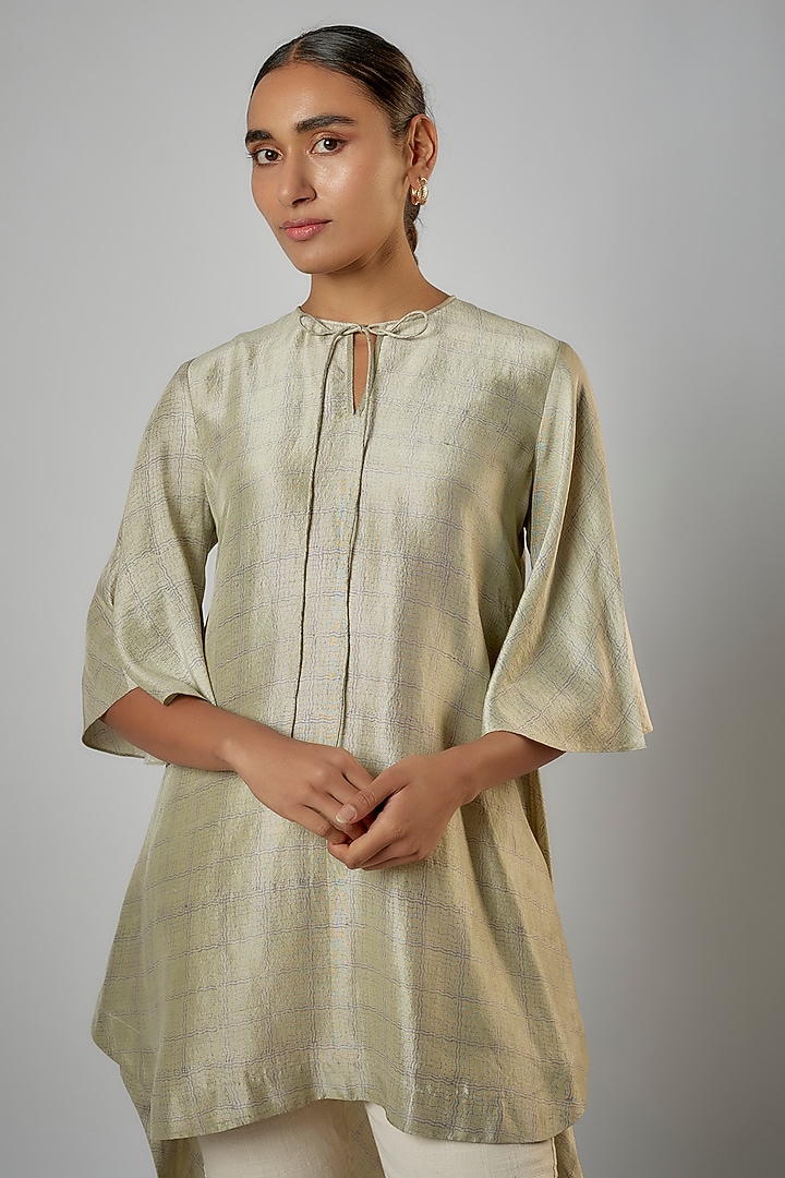 Ivory Dupion Silk Block Printed Tunic by Avni Bhuva at Pernia's Pop Up Shop
