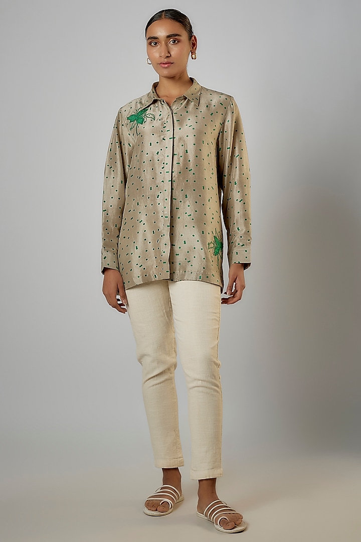 Light Grey Dupion Silk Applique Embroidered & Block Printed Shirt by Avni Bhuva