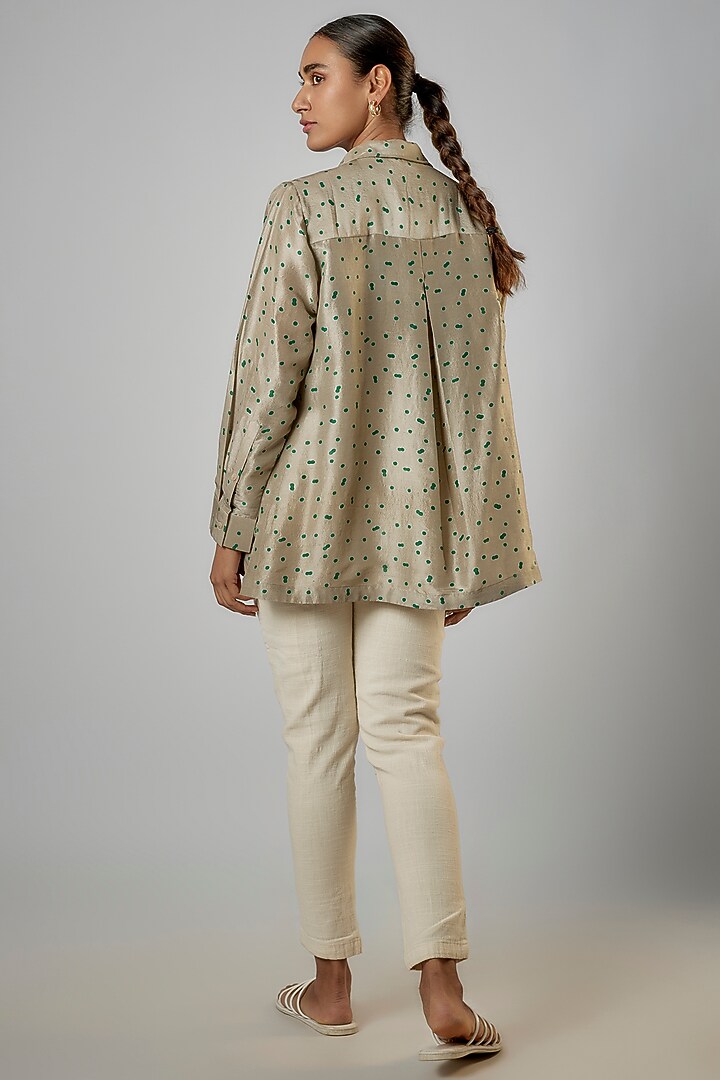 Light Grey Dupion Silk Applique Embroidered & Block Printed Shirt by Avni Bhuva at Pernia's Pop Up Shop