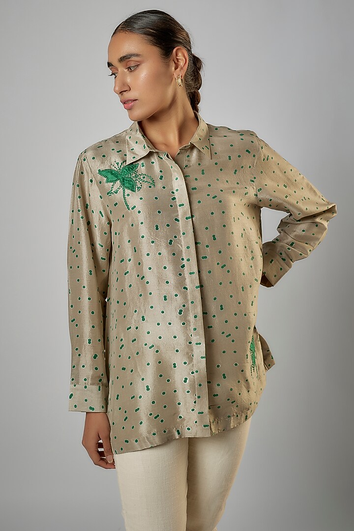 Light Grey Dupion Silk Applique Embroidered & Block Printed Shirt by Avni Bhuva at Pernia's Pop Up Shop