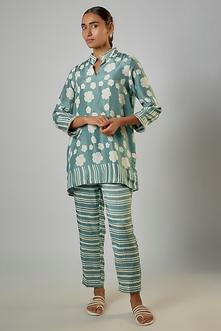 Blue Silk Block Printed Co-Ord Set by Avni Bhuva