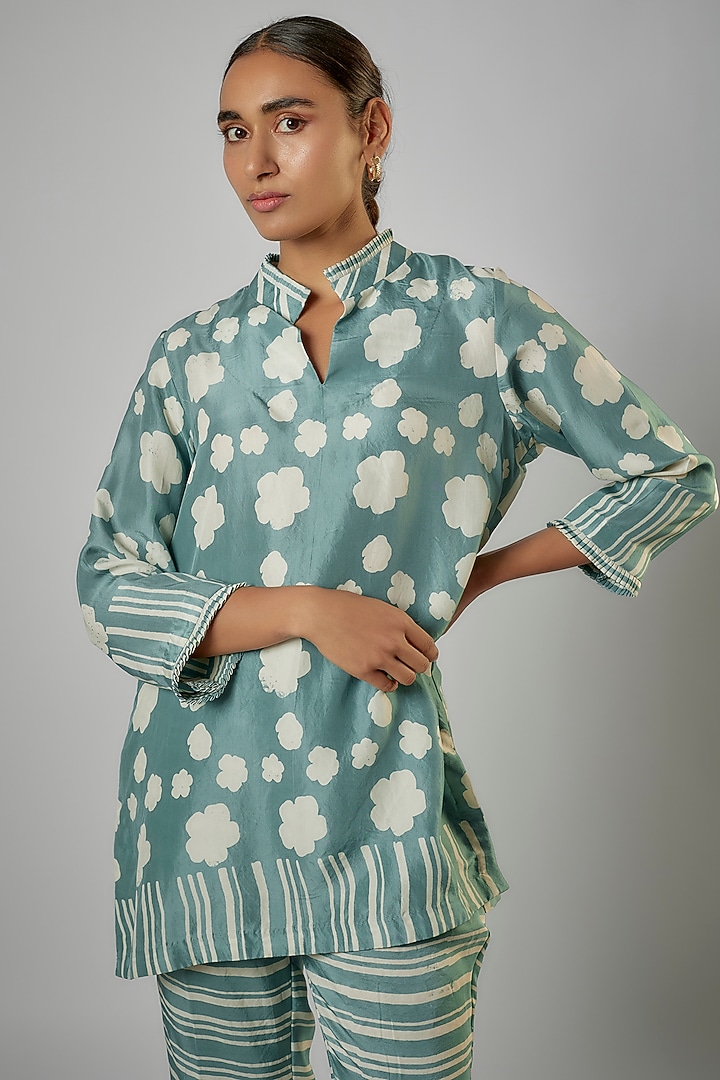 Blue Silk Block Printed Co-Ord Set by Avni Bhuva at Pernia's Pop Up Shop