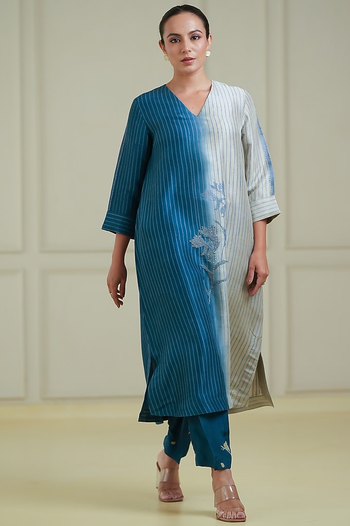 Ivory & Indigo Dupion Silk Kurta Set by Avni Bhuva at Pernia's Pop Up Shop