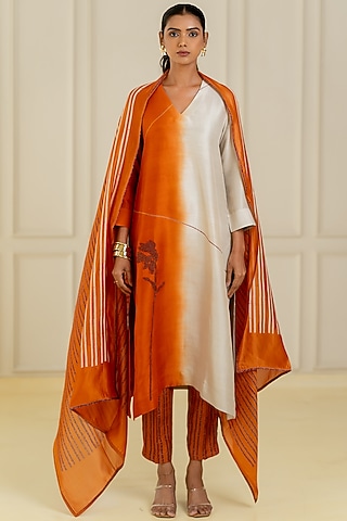 Orange & Ivory Dupion Silk Kurta Set by Avni Bhuva