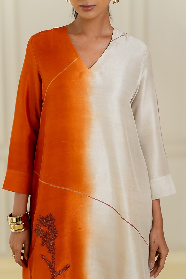 Orange & Ivory Dupion Silk Kurta Set by Avni Bhuva at Pernia's Pop Up Shop