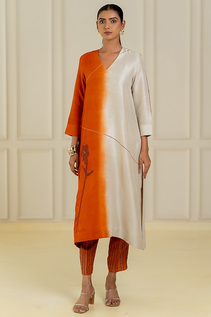 Orange & Ivory Dupion Silk Kurta Set by Avni Bhuva at Pernia's Pop Up Shop