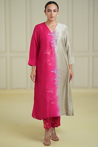 Ivory & Pink Dupion Silk Kurta Set by Avni Bhuva