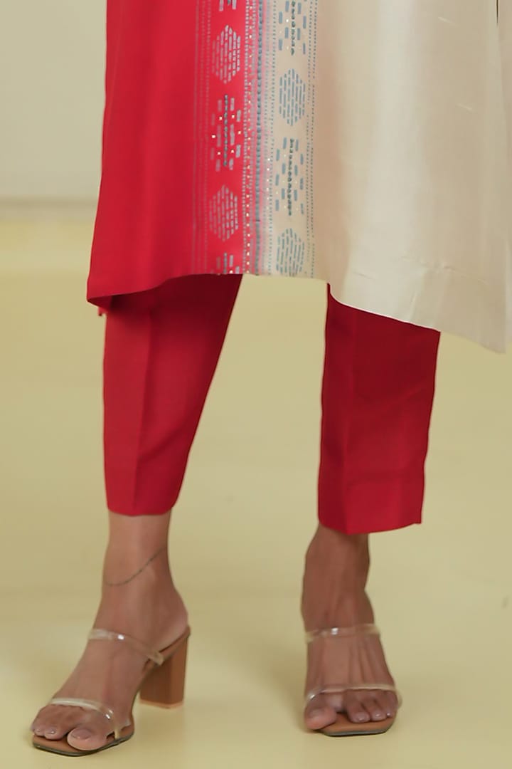 Ivory & Red Dupion Silk Kurta Set by Avni Bhuva at Pernia's Pop Up Shop