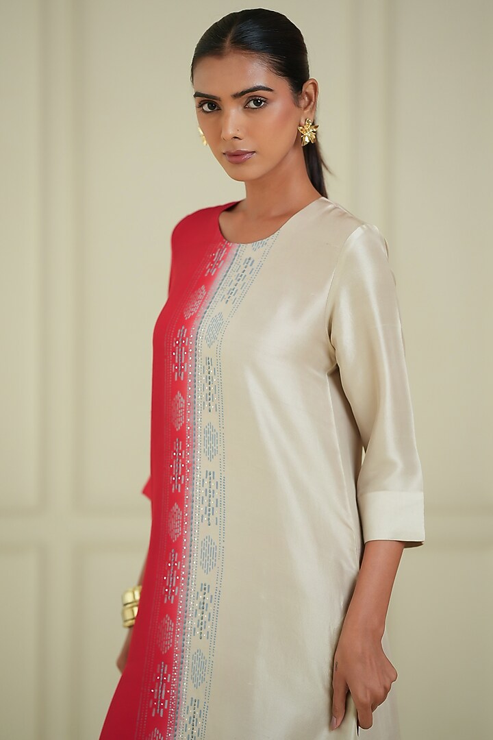 Ivory & Red Dupion Silk Kurta Set by Avni Bhuva at Pernia's Pop Up Shop