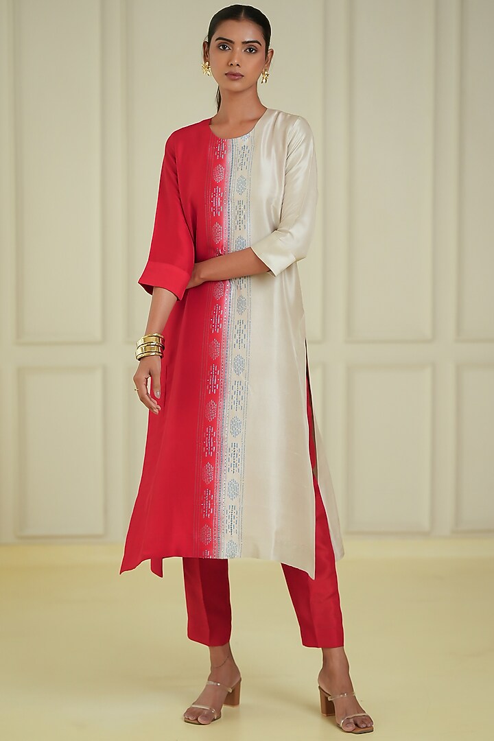 Ivory & Red Dupion Silk Kurta Set by Avni Bhuva at Pernia's Pop Up Shop