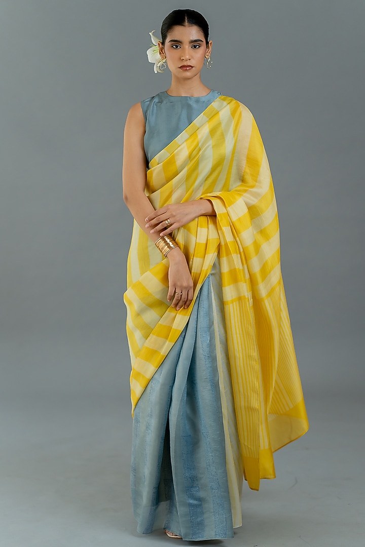 Yellow & Grey Organza Silk Party Wear Saree Set by Avni Bhuva at Pernia's Pop Up Shop