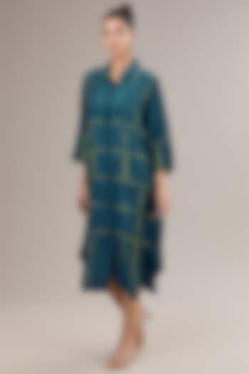 Indigo Blue Silk Printed & Embroidered Midi Dress by Avni Bhuva at Pernia's Pop Up Shop