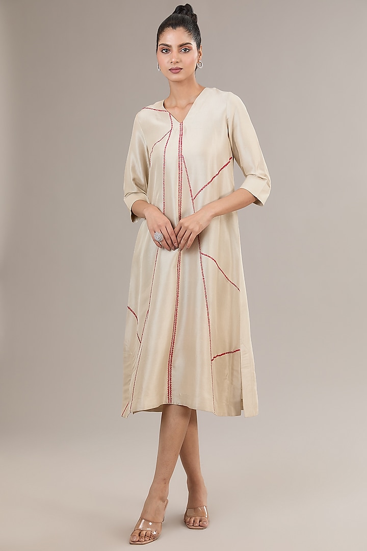 Ivory Silk Embroidered Midi Dress by Avni Bhuva at Pernia's Pop Up Shop