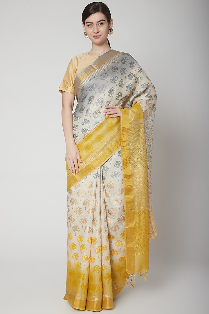 Yellow Block Printed Saree Set by Avni Bhuva