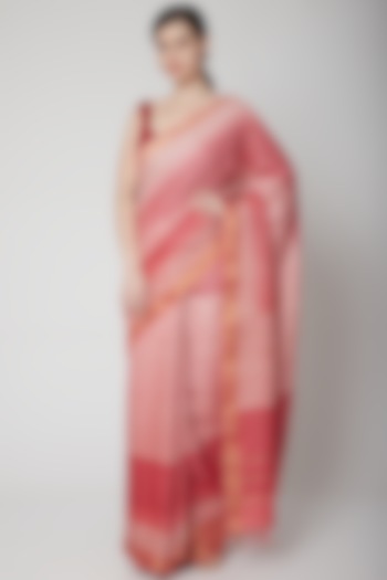 Red Handwoven Block Printed Saree Set by Avni Bhuva
