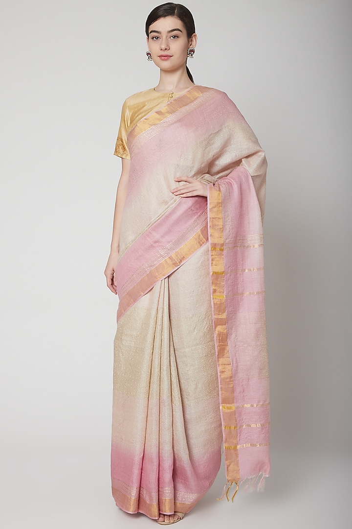 Blush Pink Handwoven Printed Saree Set by Avni Bhuva