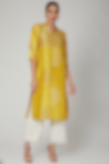 Yellow Silk Dupion Printed Tunic by Avni Bhuva