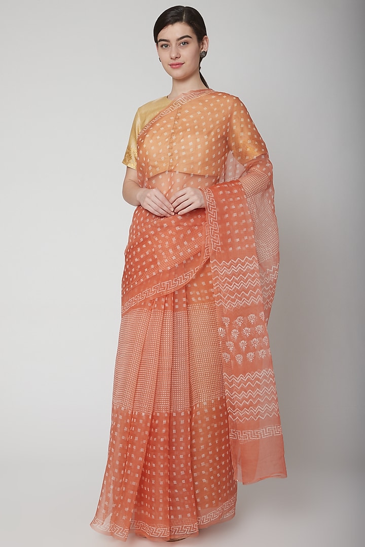 Orange Hand Block Printed Saree Set by Avni Bhuva