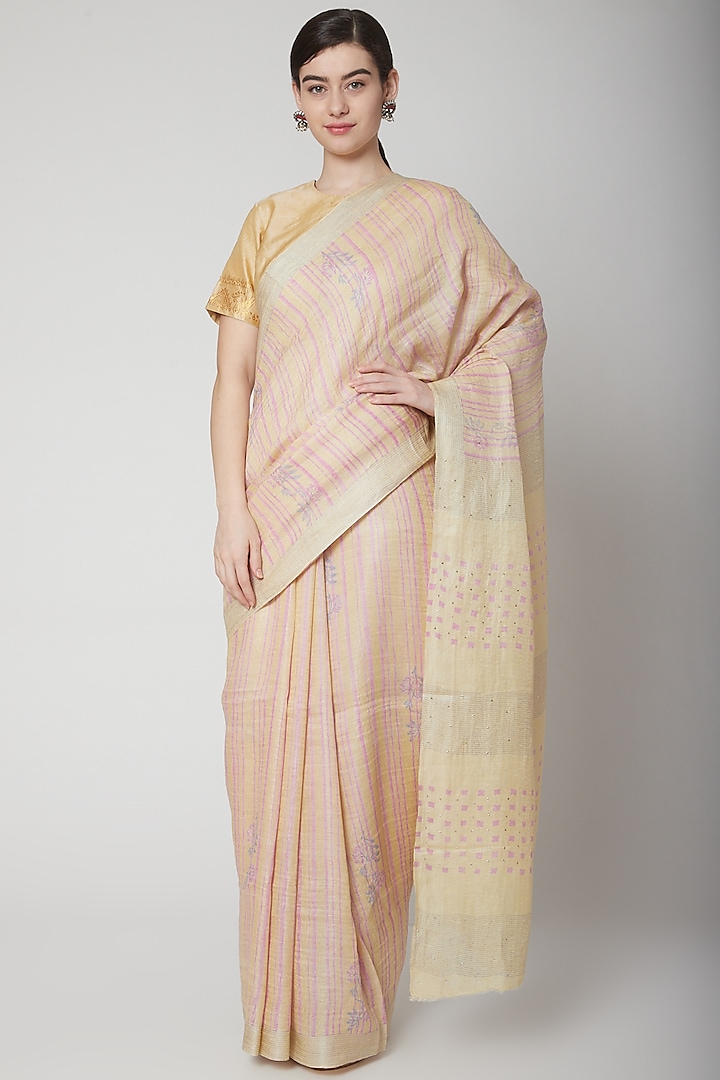 Blush Pink Printed Linen Saree Set by Avni Bhuva